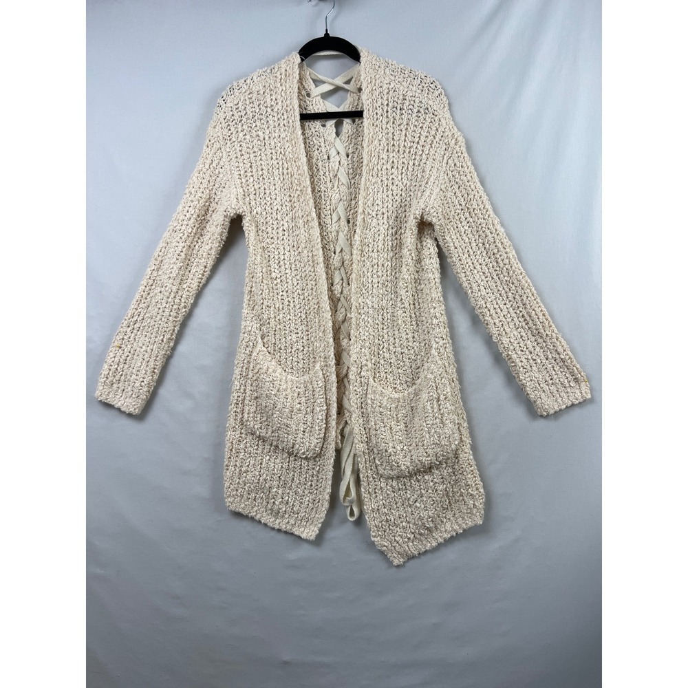 LUSH Cardigan Sweater Women Small Cream Lace Up Corset Back Chunky Knit